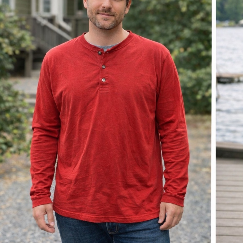 Hanes Men's Red Long-Sleeve Henley Shirt  XL
